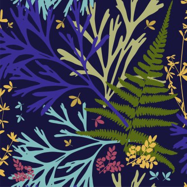 Kusursuz bir yaprak deseni. Kusursuz botanik elementler silueti. Yapraklı dallar, bitkiler, yabani bitkiler, ağaçlar. Bahçe ve orman yaprak ve çimen koleksiyonu. Vektör illüstrasyonu