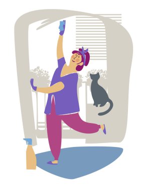 Ev temizliği. Temizlik ve doğruluk. Bir kadın pencereyi temizler. Bahar havası. Kedi pencere pervazında onun yanında oturuyordu. Düz stil. Renkli görüntü. Vektör illüstrasyonu.