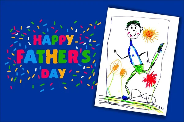 Happy father's day Cute illustration for a holiday poster, postcard or banner. Hand-drawn funny drawing of dad. The child painted his dad.