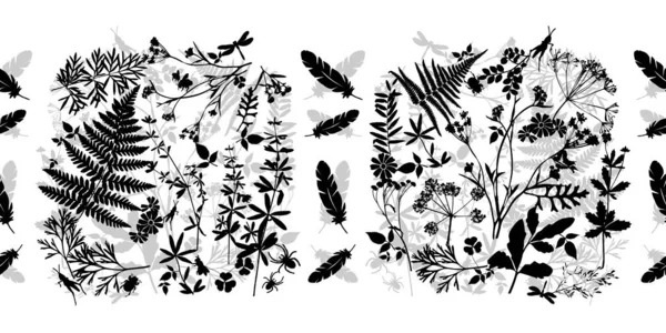 Yaprakları, çiçekleri ve böcekleri olan kusursuz çiçek desenleri. Beyaz arka planda siyah beyaz orman bitkileri.