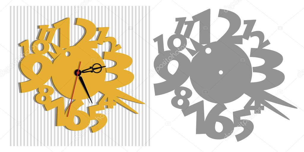 Wall clock. Vector template of children's watches. The basis of the clock for the children's room. Illustration of a cute bird and big numbers.