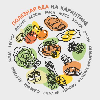 Sağlıklı yemek. Karantina sırasında ne yiyeceğimizi. Rus metni. Bir dizi vektör çizimi. Sağlıklı yaşam tarzı nesnelerinin izole edilmiş yaratıcı tasarımı. Özet biçimi