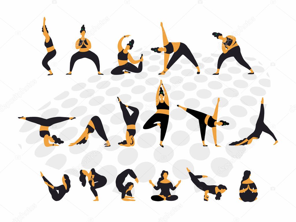 Yoga day. Set of yoga poses. Young women do yoga exercises. Vector illustration. Healthy lifestyle. Isolated yoga girls silhouettes. Flat style.