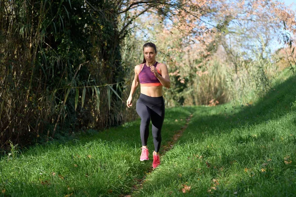 Sportnő fut végig a nyomvonal természetes környezetben — Stock Fotó