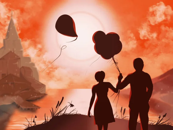 İllüzyon. Gün batımında balonlu bir adam ve kadın.