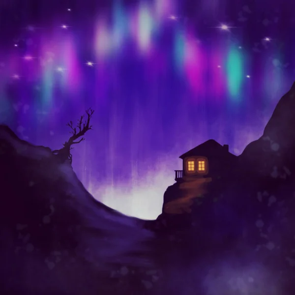 İllüzyon. Geceleri dağdaki ev. Kuzey Işıkları.