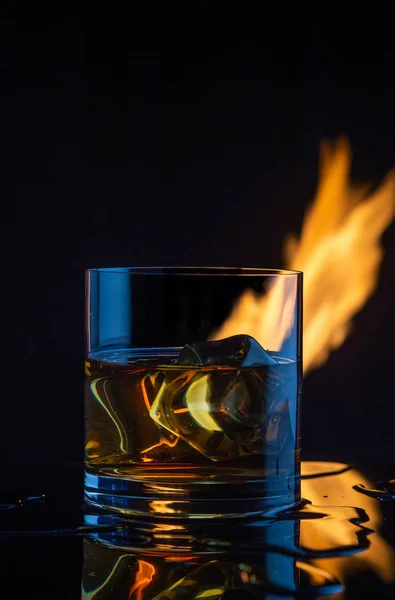 Whiskey Ice Fire Black Background12 — Stock Photo, Image