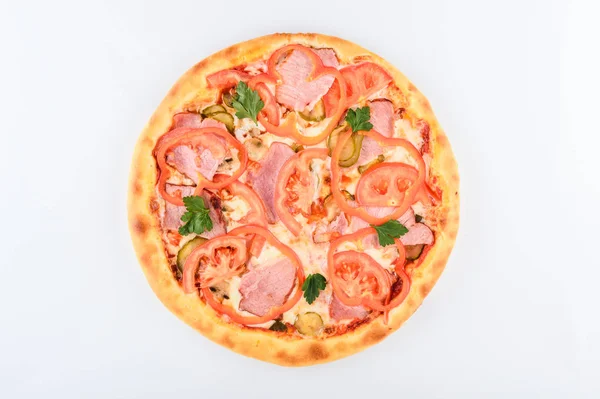 Pizza Mit Schinken Käse Eingelegte Tomaten Und Paprika Auf Weißem — Stockfoto