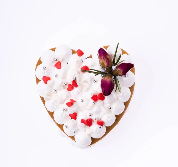 Una Torta Dolce Con Crema Bianca Sotto Forma Cuore San — Foto Stock