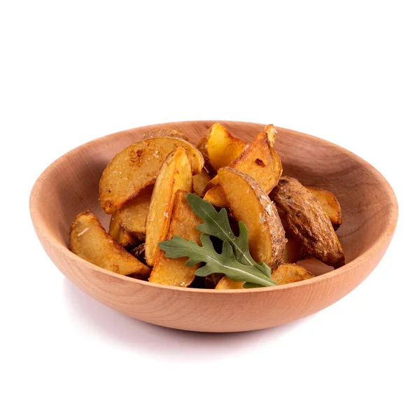 Fried Potato Wedges Wooden Plate White Background — Stock Photo, Image