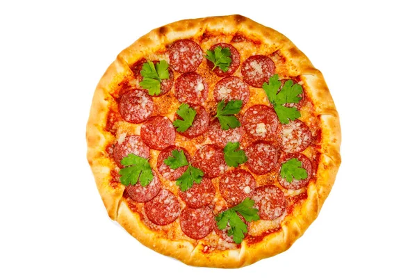 Italiensk Pizza Med Salami Vit Tallrik För Restaurangmeny3 — Stockfoto