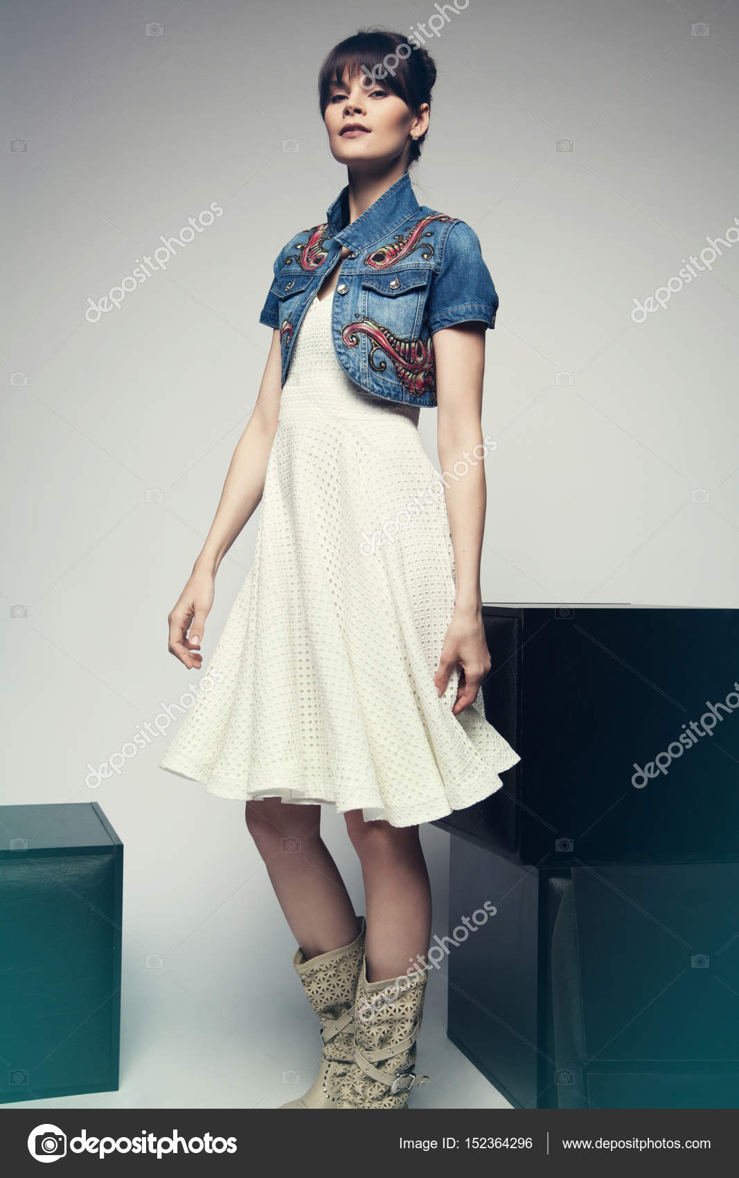 white dress and denim jacket