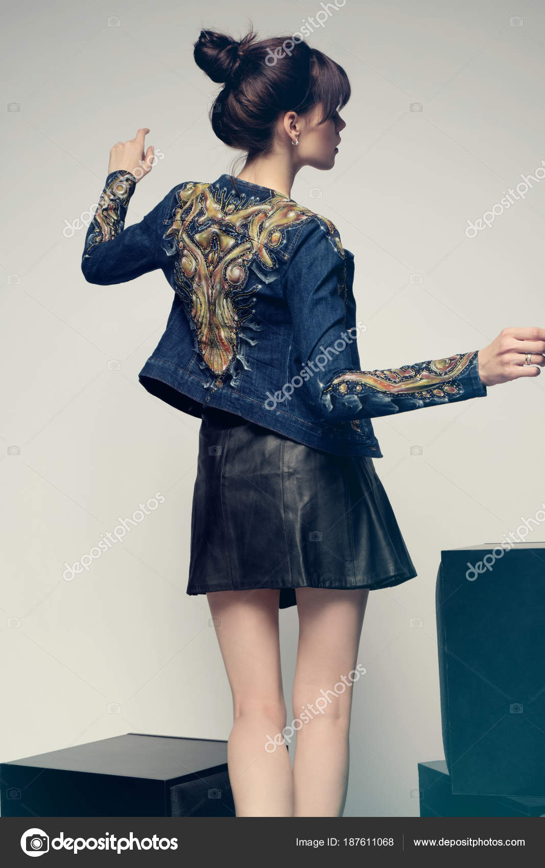 denim jacket with leather skirt