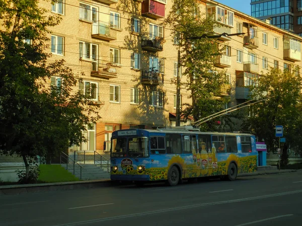 chelyabinsk, russia 06 06 2019: Electric bus in Russia with oil advertising.