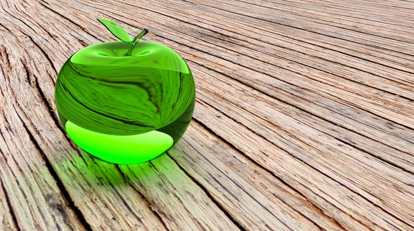 Glasartad Äpple Glas Modell Grönt Glas Äpple Ett Brunt Träbord — Stockfoto