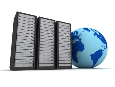 Küre ve sunucu rafları kavramı 3d çizim