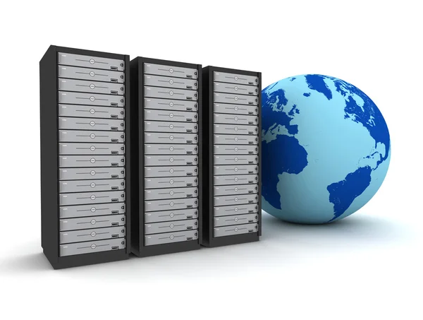 Globe and server racks concept   3d illustration — Stock Photo, Image