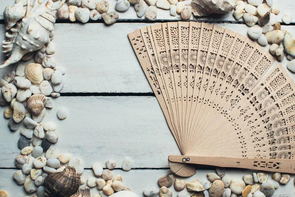 The fan and seashells on a wooden