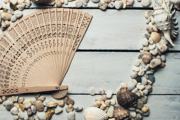 The fan and seashells on a wooden