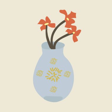 Mavi vazoda üç güzel kırmızı çiçek.