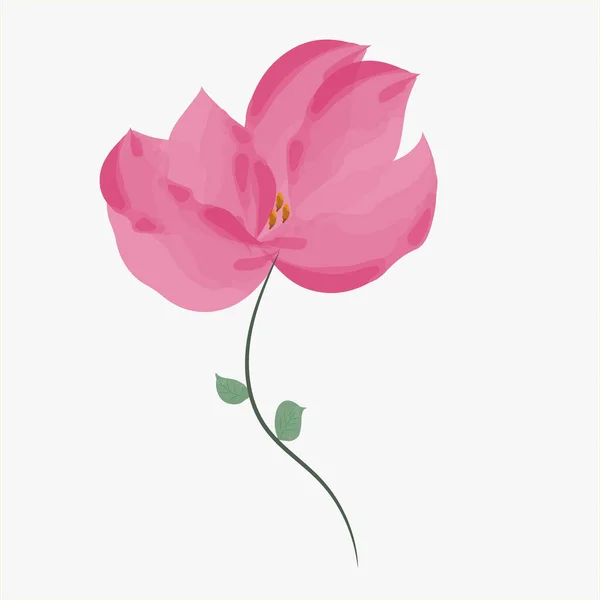 細い茎に2枚の葉を持つ美しいピンクの花 — ストックベクタ