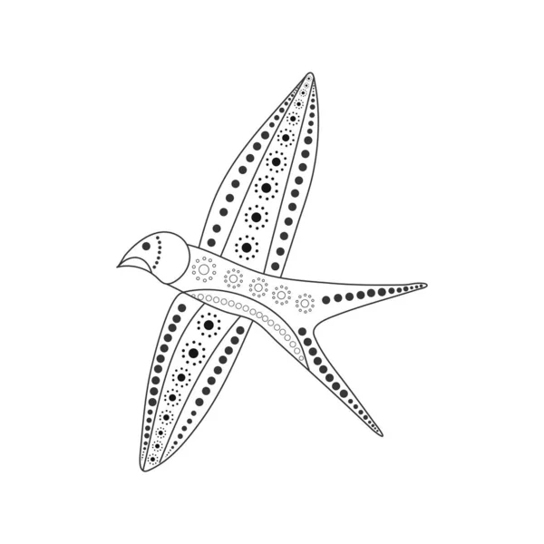 Schets van een vliegende zwaluw met een patroon van bloemen en cirkels — Stockvector