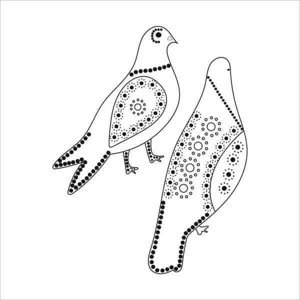 Schets van twee duiven met een patroon van cirkels en bloemen van achteren — Stockvector