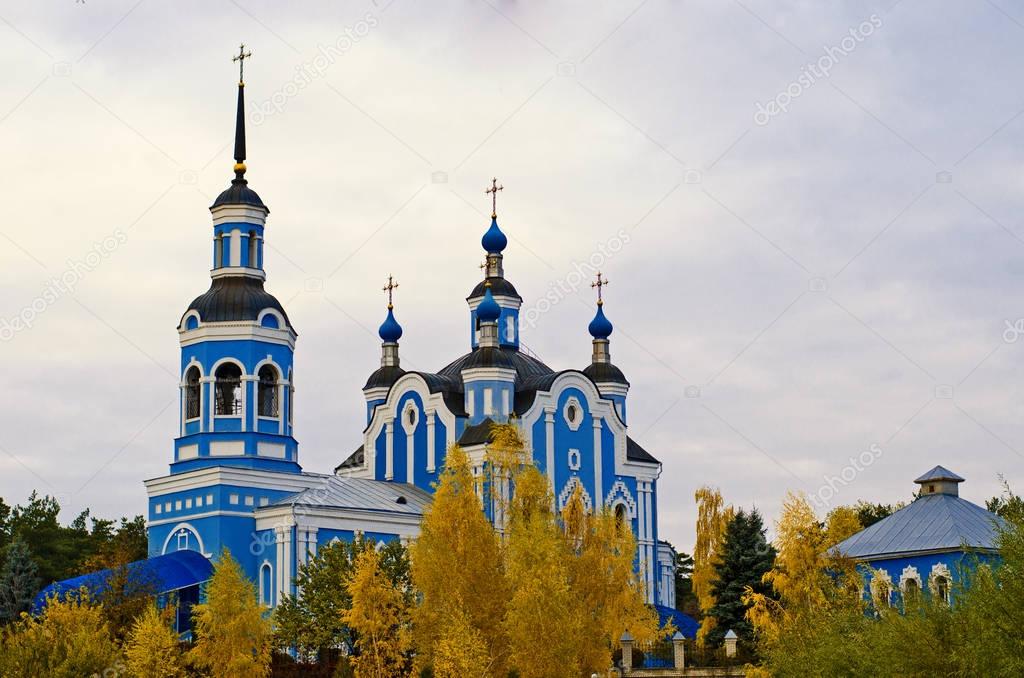 blue church in the Poltava region of ukraine