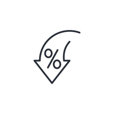 Yüzde, ok, azalma. Ücretlerin, komisyonların, yatırımların azaltılması. Beyaz arkaplanda izole edilmiş vektör doğrusal simgesi.