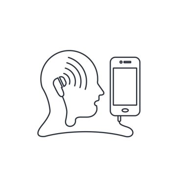 Adamım, kulaklıklar, akıllı telefon. Bilgi edinmek için elverişli. Beyaz arkaplanda izole edilmiş vektör doğrusal simgesi.
