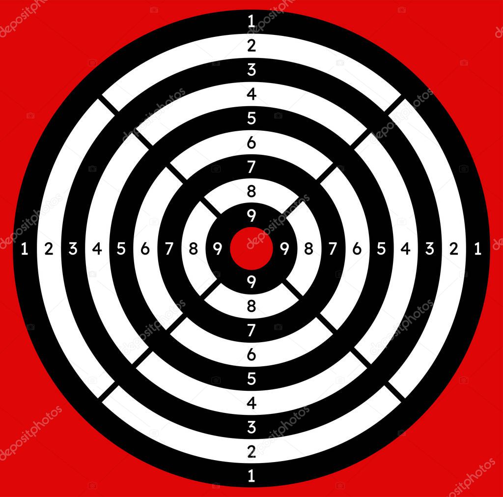 Black and white target icon with red bull's-eye and numbers from 1 to 9 on red background. Isolated vector illustration. Achieving goals, accomplishing things, winning concept.