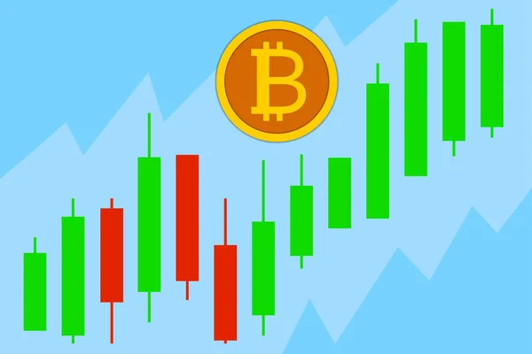 Büyüyen Fiyat Şamdan Şeması Kalıpları Üzerine Kripto Para Birimi Bitcoin — Stok Vektör