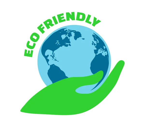 環境に優しいベクトルアイコン 惑星地球を保持する手のイラスト エコエンブレム 要素またはロゴ 地球を救え地球の日の概念 — ストックベクタ