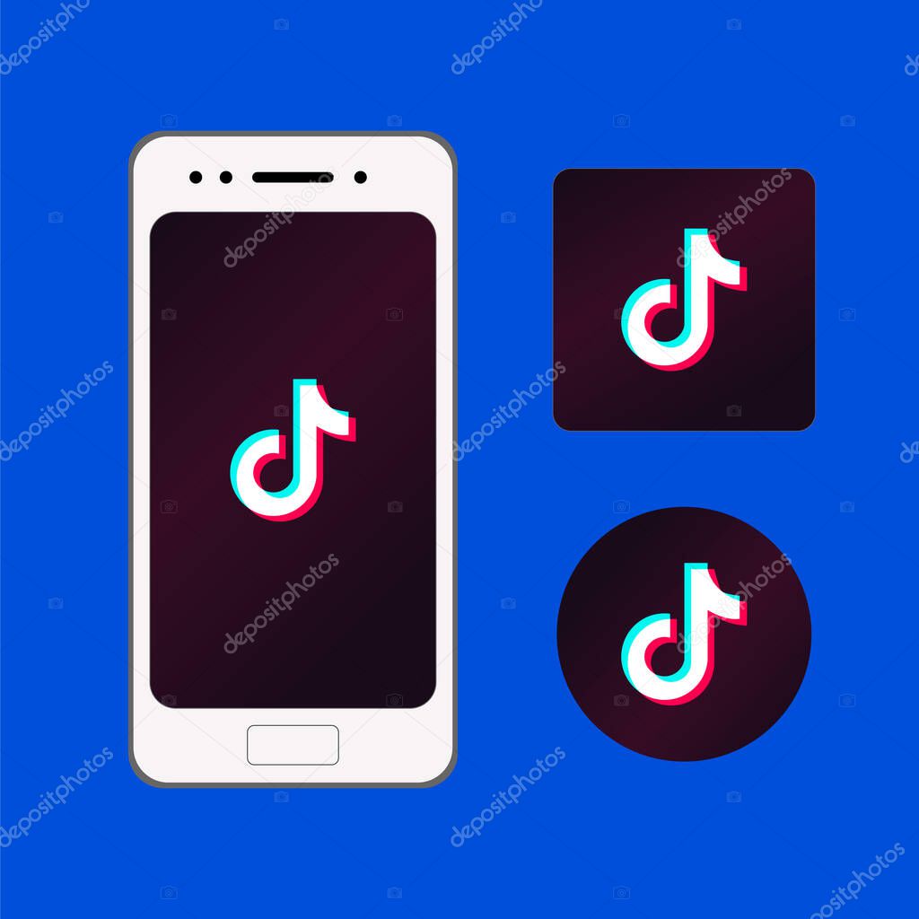 Set of TikTok logo. White smartphone with popular social media TikTok app icon on screen. Editorial vector illustration. Saint-Petersburg, Russia. 02.2020.