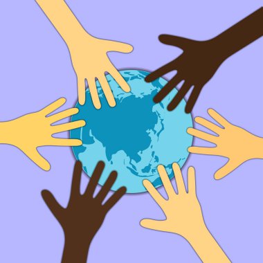 Dünya gezegeninin etrafındaki farklı ırklar ve deri tonlu eller mavi arka planda izole edilmiş. Gezegeni, Ekolojiyi ve Çevre Koruma, Gönüllü Olma, Yardım Elleri, Takım Çalışması, Arkadaşlık, İnsan Hakları kavramını Kaydet basit vektör çizimi.