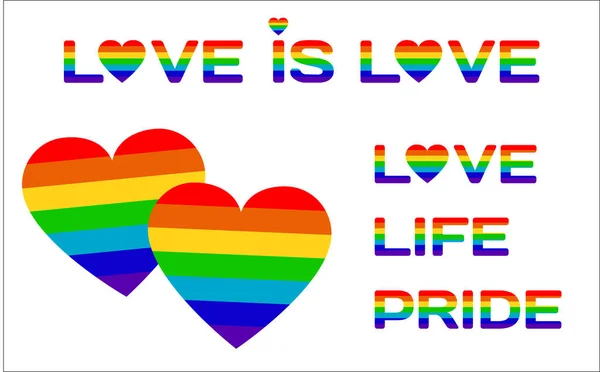 プライドLgbtq 関連セット 虹色のLgbt心 テキスト Love Love Love Life Pride 白い背景 — ストックベクタ