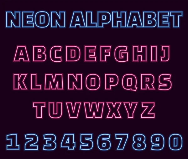 stock vector Neon English alphabet on purple background. Glowing pink uppercase letters and blue numbers sign for your design.