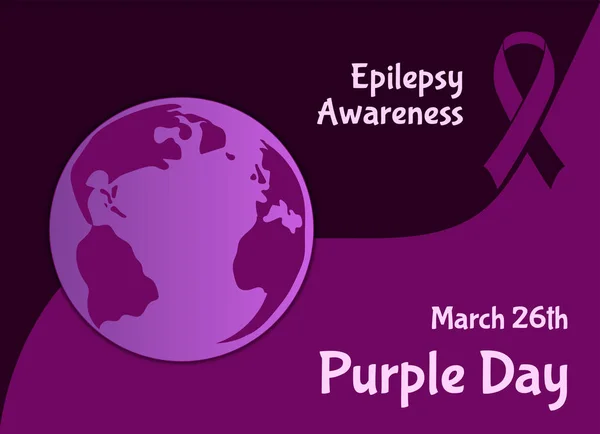 Epilepsi Bilinci kampanyası için mor kart. Dünya gezegeni ve mor arkaplan üzerine mor farkındalık kurdelesi. Eps10 düz vektör illüstrasyonu.