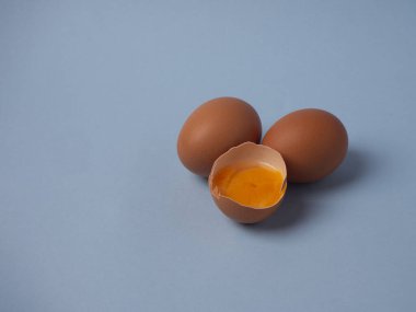 İki tam pişmemiş kahverengi tavuk yumurtası ve sarı sarısı yakın plan fotokopi alanı olan kırık yarım yumurta.. 