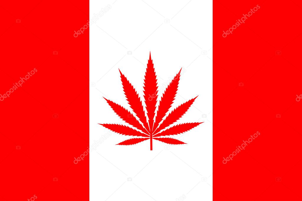 Canadian flag with cannabis leaf. Cannabis legalization in Canada concept.
