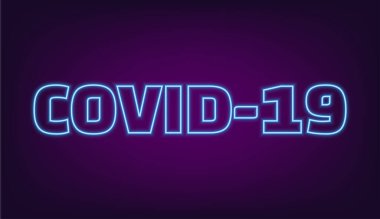 Blue neon glowing text: COVID-19 on purple gradient background. Worldwide 2019 Novel Coronavirus (2019-nCoV) outbreak concept.