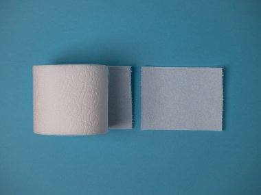 Tuvalet kağıdı rulo ve yırtık sayfa üzerinde mavi arka plan görünümü kopya alanı ile.