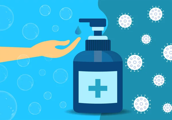 Blue Antiseptic Gel Bottle Disinfection Person Hand Drop Soap Coronavirus — Stock Vector