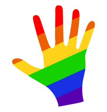 Gökkuşağı renkli avuç içi beyaz arka planda izole bir şekilde yükseliyor. Gay Gururu. Lgbt destekleyici kavram. Basit vektör simgesi.