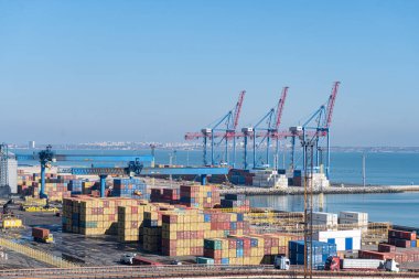 View at the sea port, commercial, a lot of goods in colorful containers, 