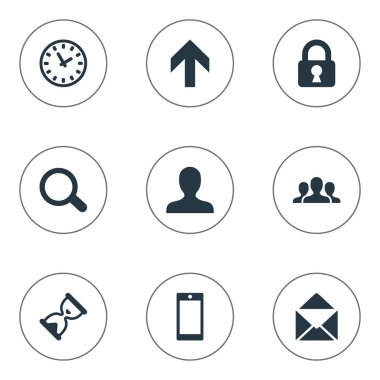 9 basit uygulama simgeler kümesi. Kum zamanlayıcı, Büyüteç, Smartphone gibi öğeleri bulunabilir.