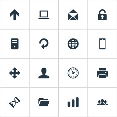 16 basit Apps simgeler kümesi. Yukarı yön, defter, dosya ve diğer gibi öğeleri bulunabilir.