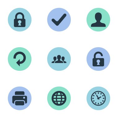 9 basit Apps simgeler kümesi. Kullanıcı, onay, açık asma kilit ve diğer gibi öğeleri bulunabilir.