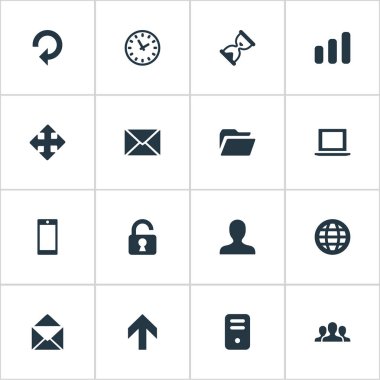 16 basit Apps simgeler kümesi. Kum zamanlayıcı, yukarı doğru yönü, Web gibi öğeleri bulunabilir.