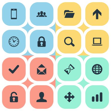 16 basit uygulama simgeler kümesi. Oklar, dosyası, onay ve diğer gibi öğeleri bulunabilir.